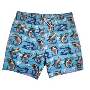 Psycho Tuna Mens XL Swim Trunks Blue Shark Print Elastic Waist Board Shorts